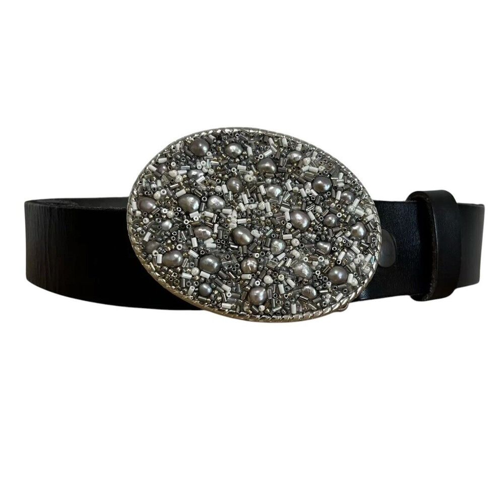 Women's Black Full Grain Leather Belt Oval Beaded Buckle Silver Gray‎ Pearls 32"